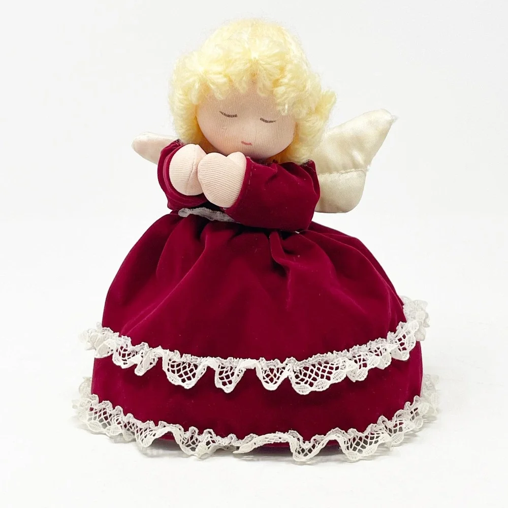 Vintage Christmas Angel Doll 6.5in Burgundy Velvet Lace Dress Praying NOS